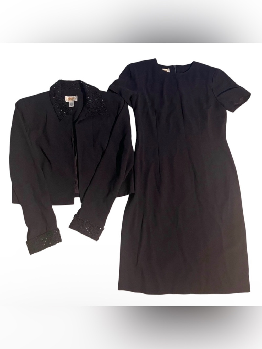 Talbots Classic 2 piece Black Dress and jacket blue size 2 rhinestone on collar